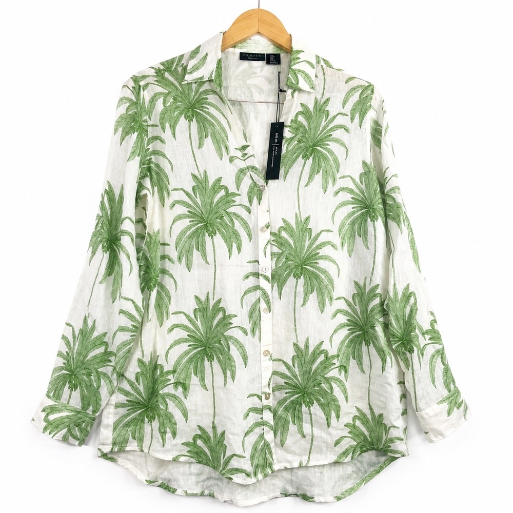 Tahari Womens Small 100% Linen Palm Tree Print Button Down Shirt Green White NWT